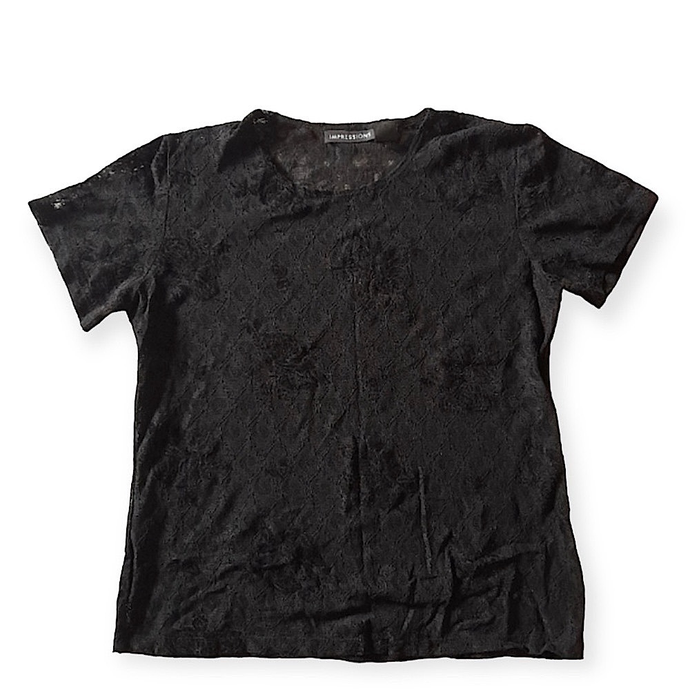 Impressions Vintage Dark Fairy Romantic Black Floral Lace Semi Sheer Shirt - M